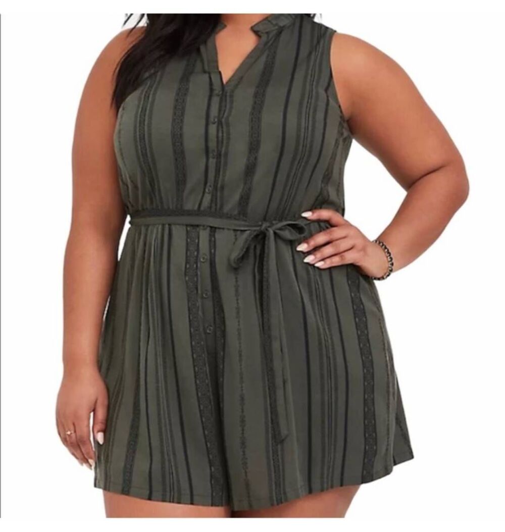 Torrid Olive Green Stripe Button Front Challis Romper 1XL Belted Boho Festival